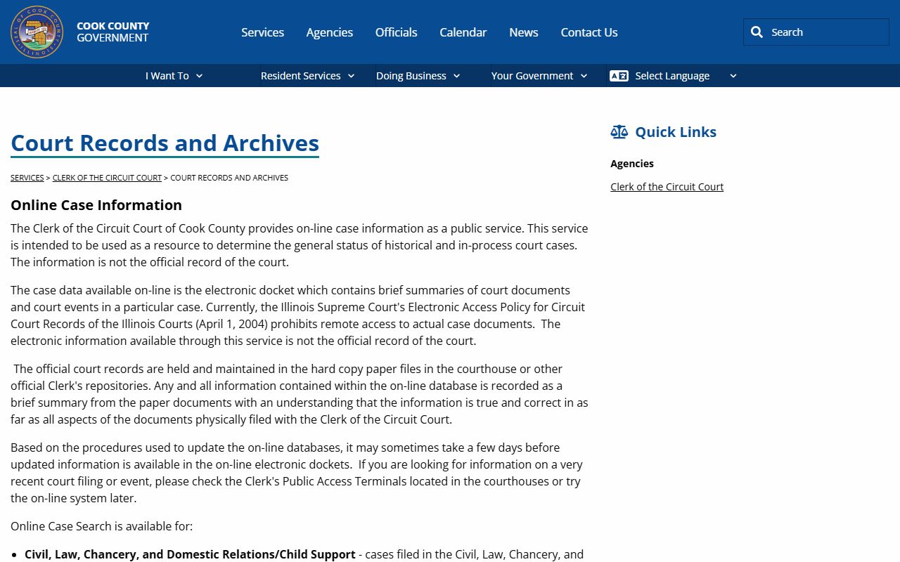 Cook County court records and archives page court docket