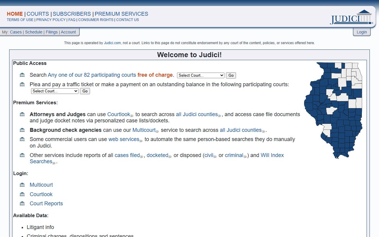 Judici.com court docket portal showing search interface for Illinois case records