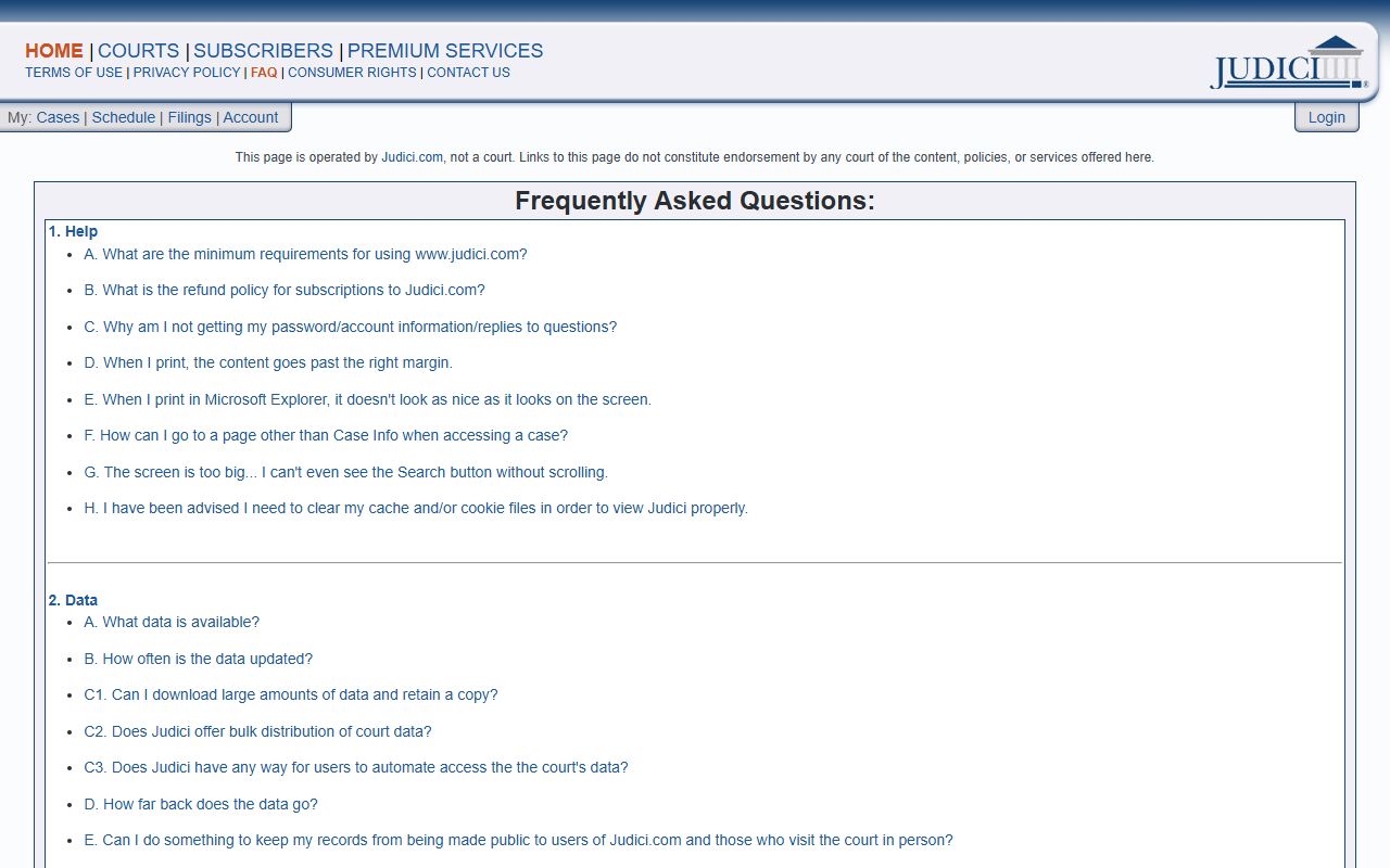 Judici.com FAQ page explaining Illinois court docket data availability and update frequency