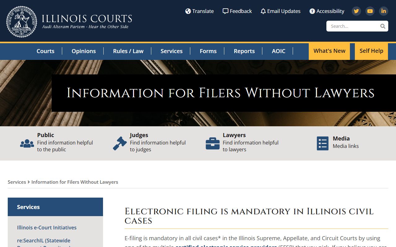 Illinois Courts self-help resources for filing court docket documents without an attorney