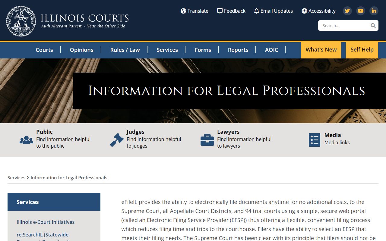Illinois Courts information for legal professionals using the court docket and electronic filing system